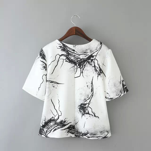 Fashion Ladies' Elegant Marbling print blouses vintage O neck short sleeve loose shirts large brand casual tops 01AZ55
