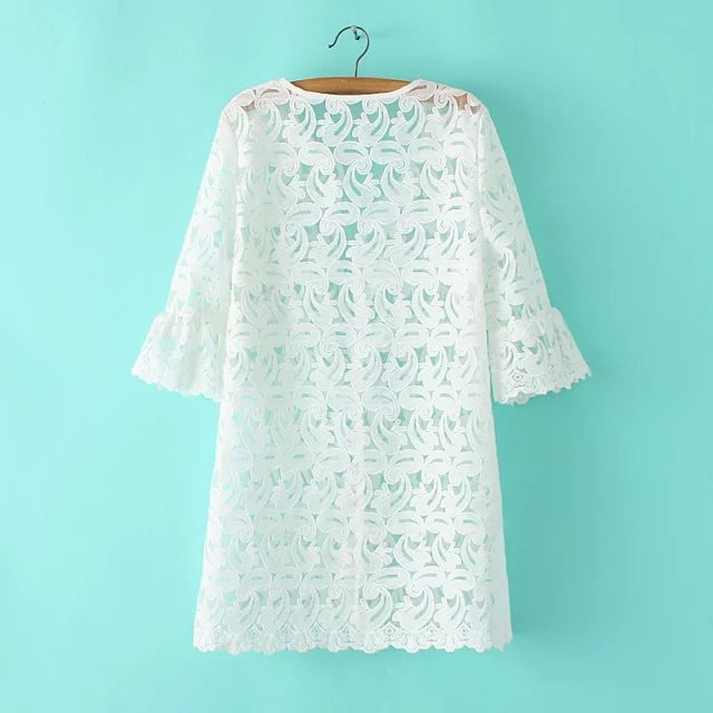 Fashion Ladies Elegant sweet floral Lace See Through Cardigan Ruffle Middle sleeve Casual slim brand designer Tops