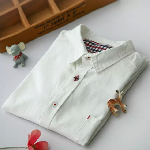 Fashion School style White pocket cotton blouses for women long sleeve Shirts casual blusas mujer camisas femininas tops