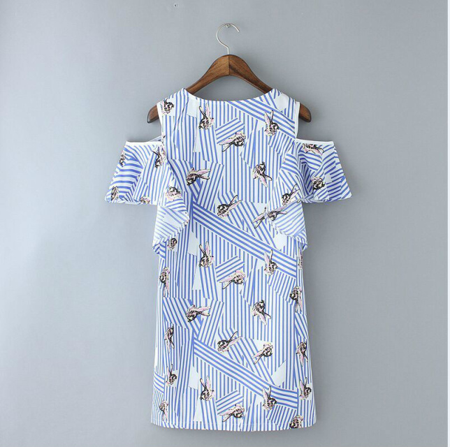 Fashion Summer Elegant Stripe rabbit Print Off Shoulder Blue Dresses O-neck Short Sleeve casual Plus Size dress