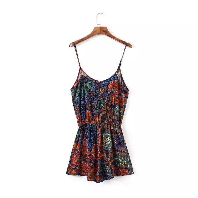 Fashion Summer floral print Elastic Waist Spaghetti Strap shorts rompers womens jumpsuit Sleeveless Casual mono mujer
