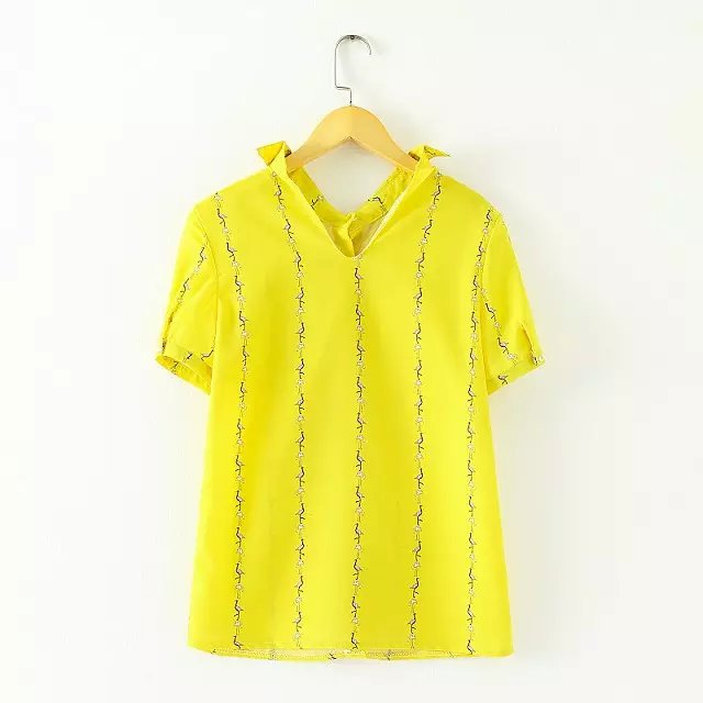 Fashion Summer Ladies Chiffon bird print Blouse Turn-Down Collar button short Sleeve Casual yellow Shirt Brand Tops