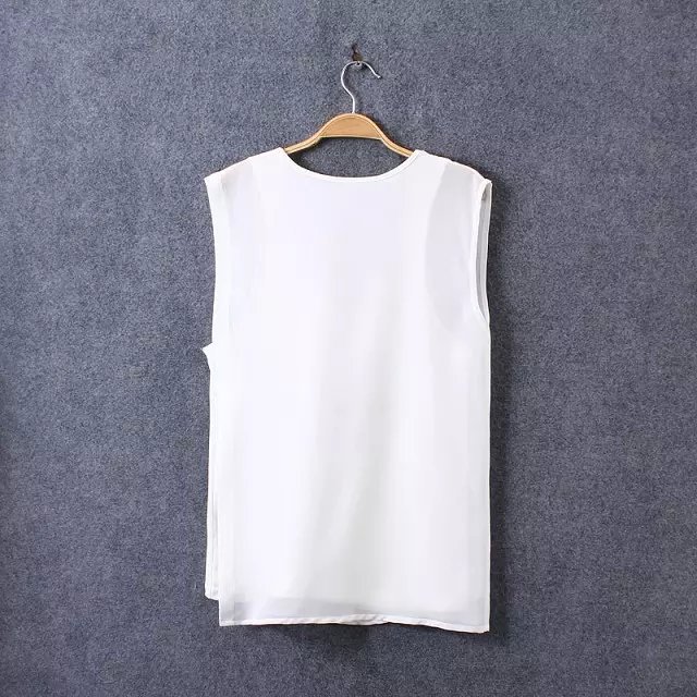 Fashion Summer Ladies Elegant Chiffon Letter print Irregular T shirts O-neck sleeveless white casual tops