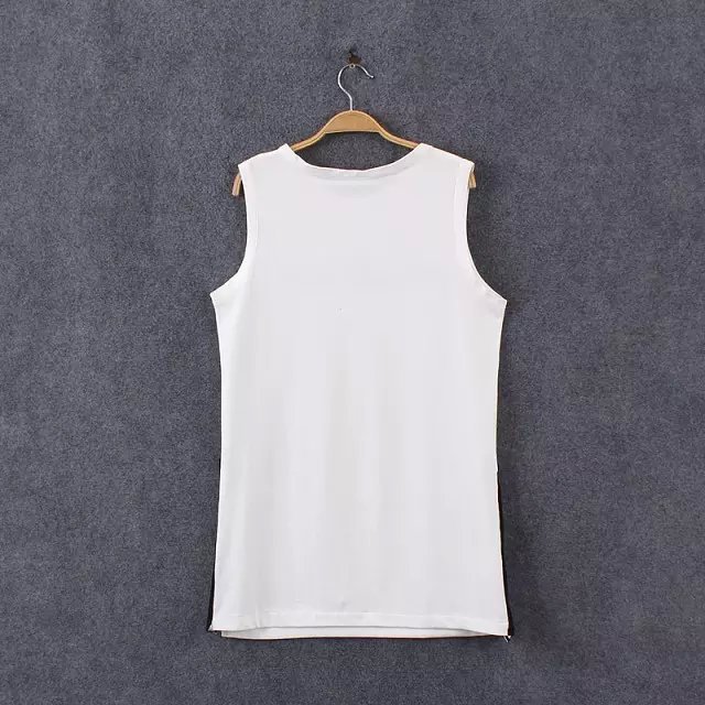 Fashion Summer Ladies Elegant Letter print Side Open long T shirts O-neck sleeveless white casual tops