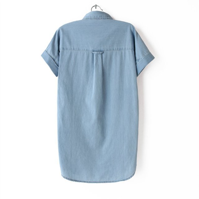 Fashion Summer Women blue Denim blouse short sleeve pocket casual Turn-down collar shirts