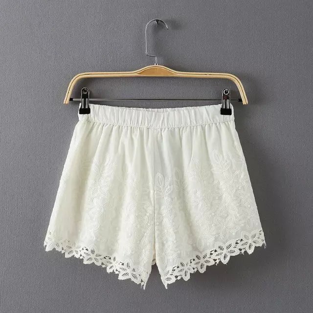 Fashion summer Women Elegant Floral Lace elastic waist white casual shorts design brand