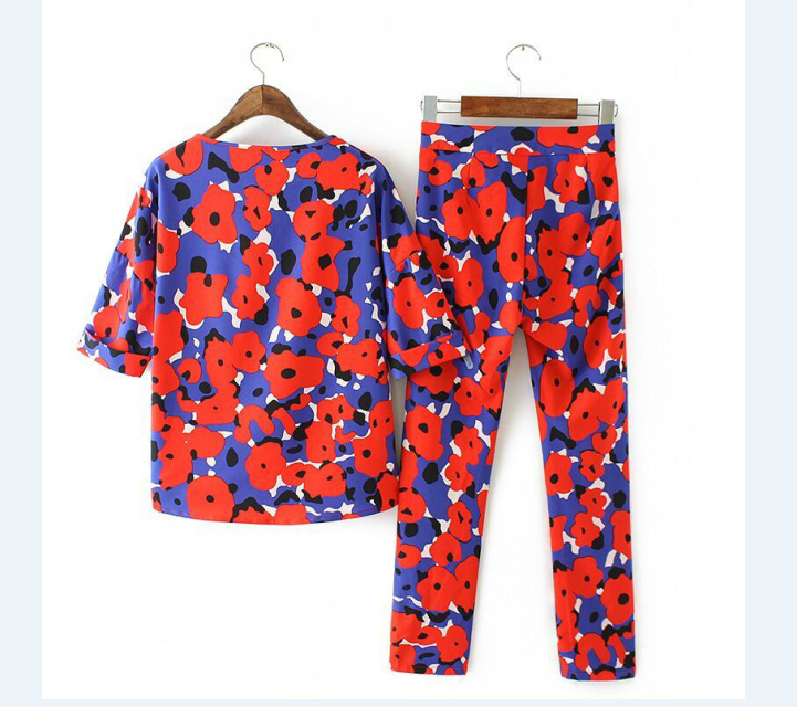 Fashion Summer Women Elegant floral print Blouse And Pants Two Piece Set O-Neck Batwing short Sleeve casual shirts