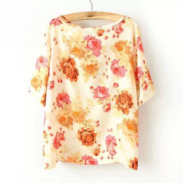 Fashion Summer Women Elegant floral printed Blouse O-neck short Sleeve shirts casual tops
