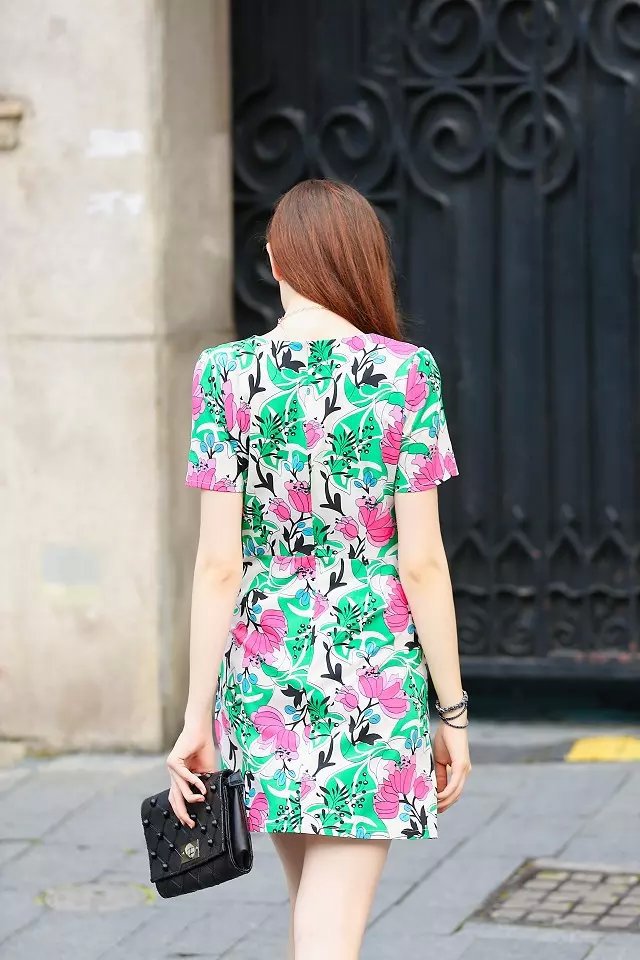 Fashion Summer Women Elegant Green leaf Print Dresses O-neck Short Sleeve Casual brand female sundress
