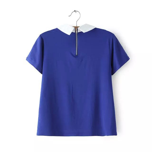 Fashion Summer Women Lycra cotton Blouse Peter Pan Collar Zipper short Sleeve Casual Shirt Brand Tops