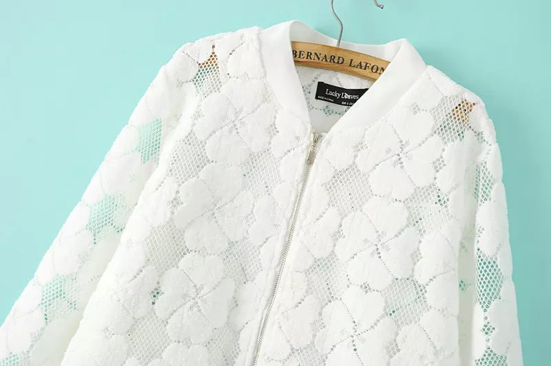 Fashion Summer Womens Zipper floral Flocking White Coat Casual Long sleeve V neck Jacket loose brand tops