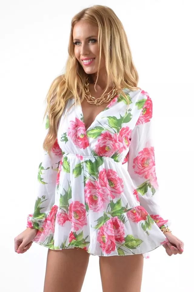 Fashion Woman Elegant Sexy Floral Print Jumpsuits Long Sleeve V neck Plus Size Rompers