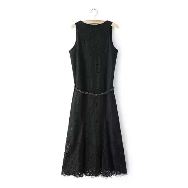 Fashion Woman Summer pleated Lace cotton Sashes dresses Sexy O-Neck sleeveless dress casual brand