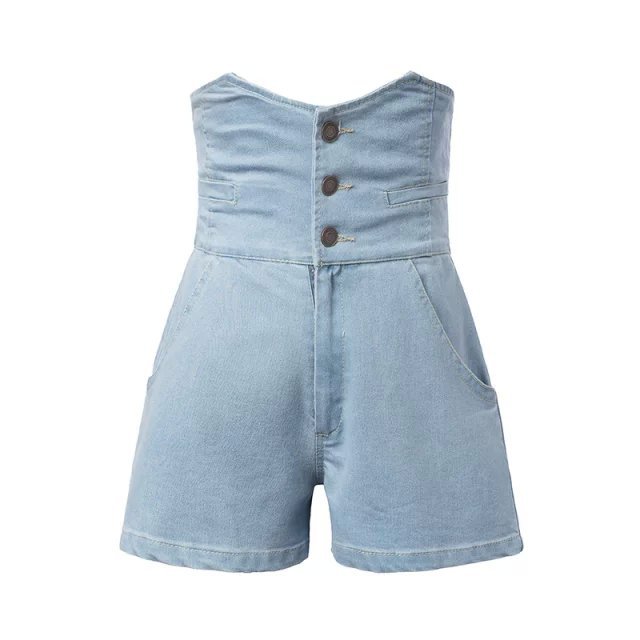 Fashion Women blue denim shorts three button elastic High waist vintage pockets shorts causal Slim Female shorts