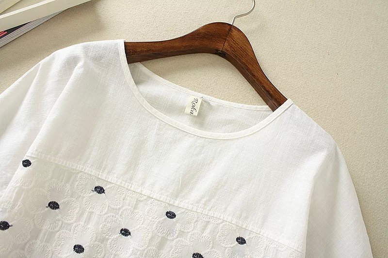 Fashion Women Cotton Linen Floral Embroidery Blouse O-neck Short Sleeve white shirts casual tops