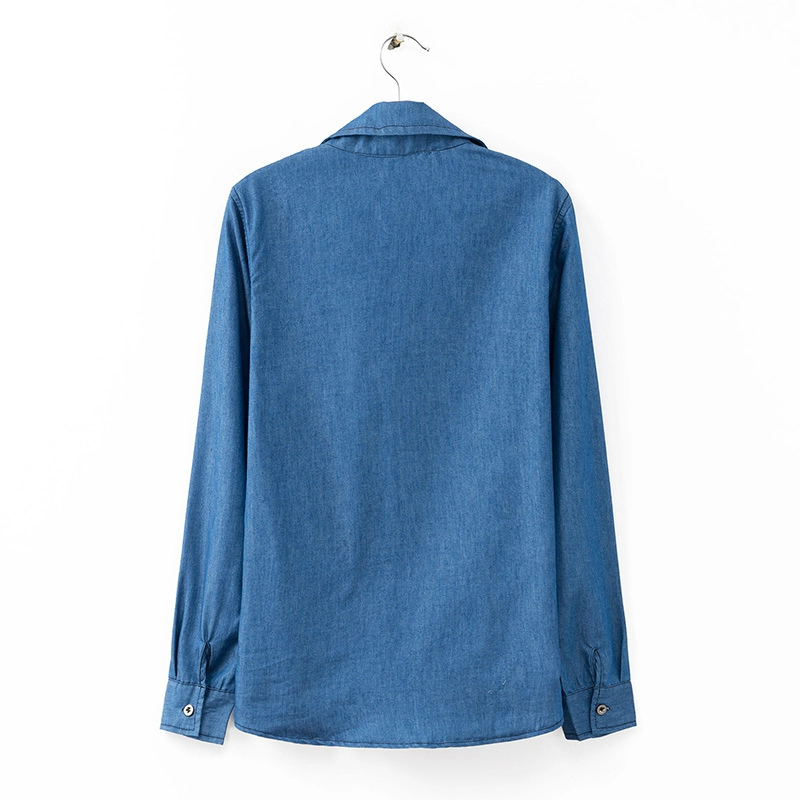 Fashion Women Denim blue Blouse Vintage Turn-down collar long sleeve pocket shirts Casual Brand Tops