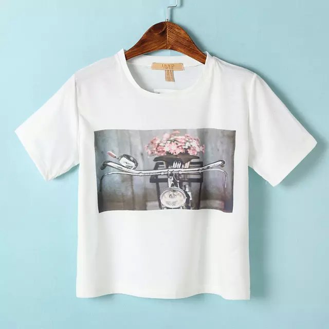 Fashion Women Elegant Bicycle print white crop T shirt basic O neck short sleeve shirt casual brand tops