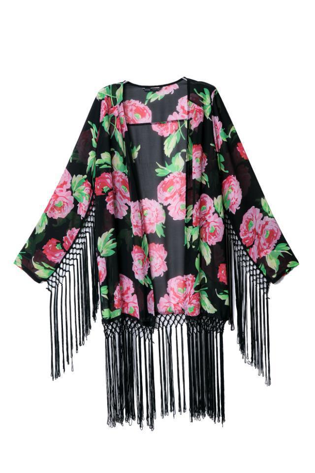 Fashion women elegant big floral print tassel Kimono outwear loose vintage cape coat cardigan casual brand designer tops