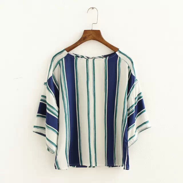 Fashion women elegant blue striped print loose blouses vintage short batwing sleeve shirts casual tops