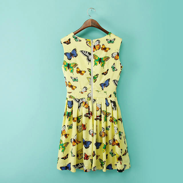 Fashion women elegant butterfly print Dress Vintage O neck sleeveless casual slim evening party brand dress