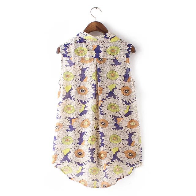 Fashion Women Elegant Chiffon floral print blouses vintage Turn-down collar sleeveless button shirts casual brand tops