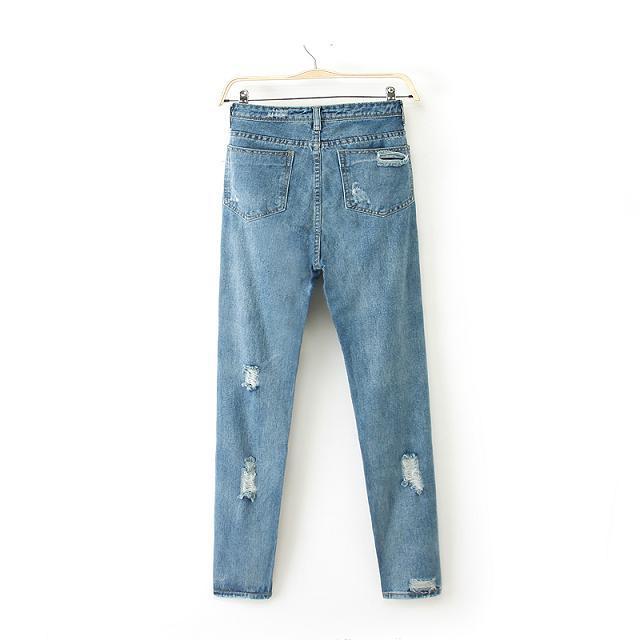 Fashion women elegant classic holes Blue Denim stretch jeans trouses zipper skinny pants casual slim brand design