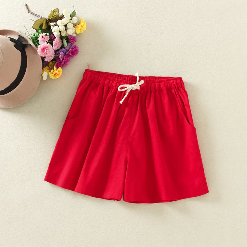 Fashion Women Elegant Cotton Linen Candy Color Elastic waist Drawstring casual brand design pocket shorts