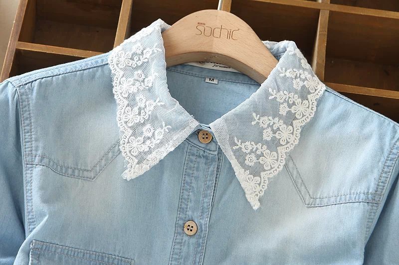 Fashion Women Elegant Denim blue Lace Patchwork blouses Turn down collar long sleeve pocket shirts XXL Plus Size casual top