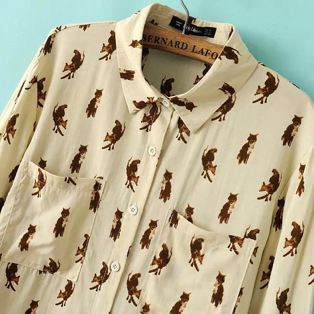 Fashion Women elegant Dog Animal print blouses pocket vintage long sleeve shirts casual slim brand tops