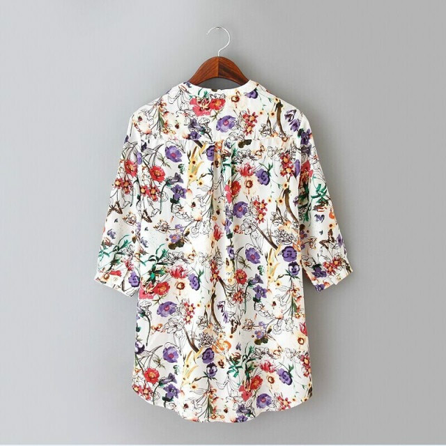 Fashion Women elegant floral print Button blouses vintage Three Quarter Sleeve V-neck shirts casual Plus Size brand tops