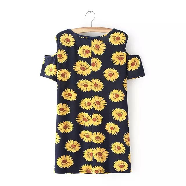 Fashion Women Elegant knitting Cotton Sunflower printed Off Shoulder Dress vintage O-neck short sleeve casual dress