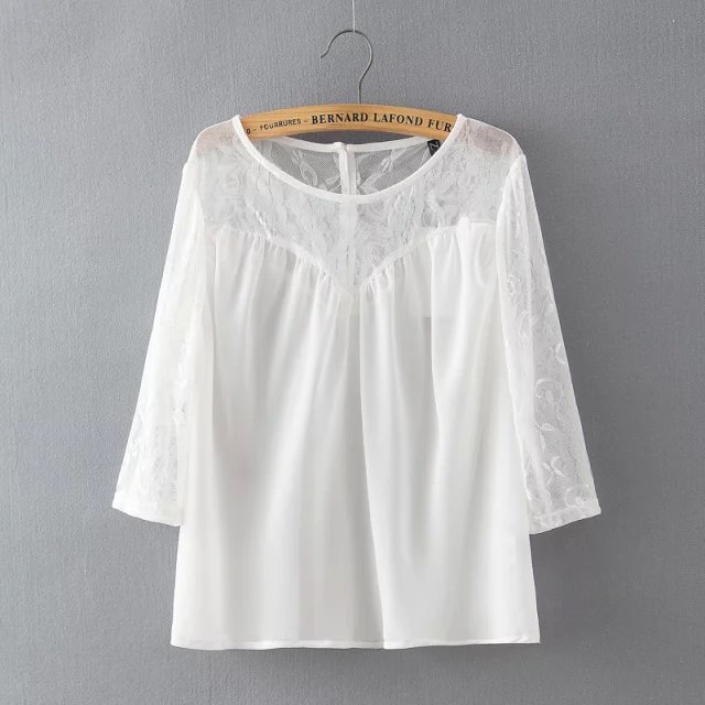 Fashion Women Elegant Lace Hollow out white Blouses Vintage O-neck Three Quarter Sleeve shirts Casual brand Tops