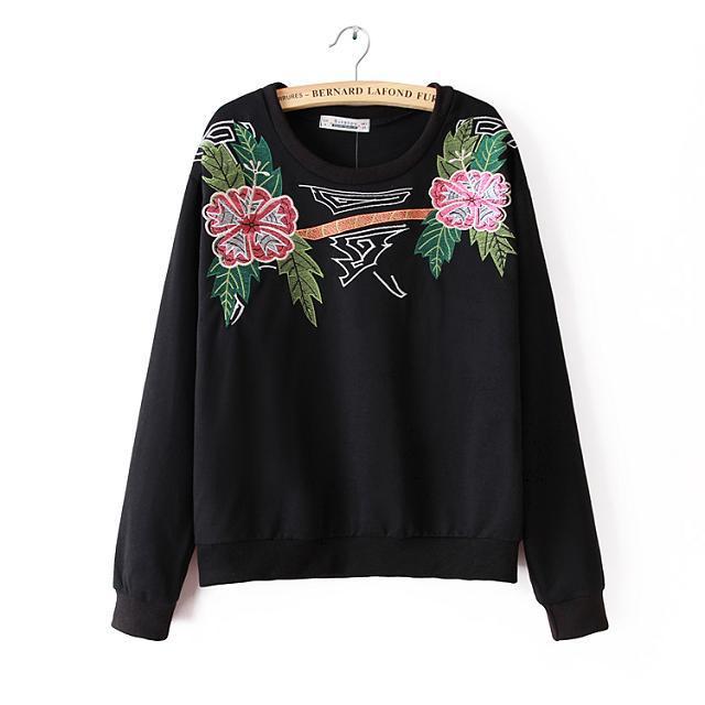 Fashion women elegant leaf floral Embroidery sports pullovers blouses Casual slim O neck long Sleeve shirts brand Tops