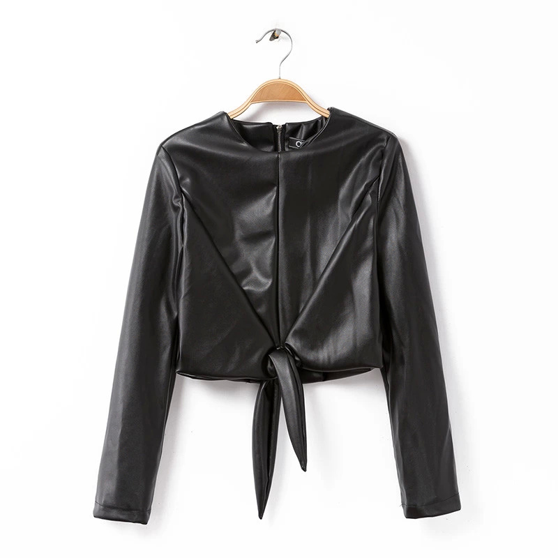 Fashion Women Elegant Leather black Blouse Ribbons Bow O-neck long sleeve short shirts back Zipper Casual Crop Tops
