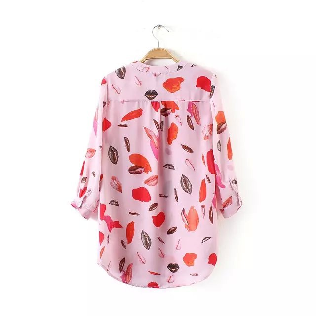Fashion Women elegant lips print Pink blouses V-neck Half Sleeve shirts casual brand Tops