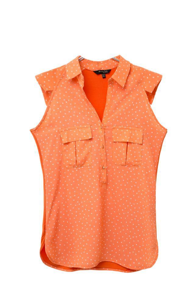 Fashion women Elegant orange dot print patchwork turn down collar sleeveless shirts