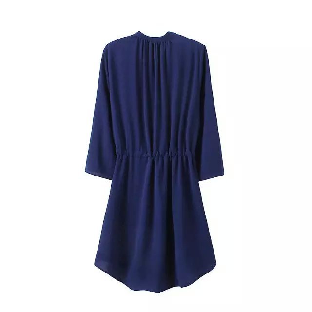 Fashion Women Elegant pleated Elastic Waist Tunic Drawstring Dresses vintage V-neck Three Quarter Sleeve casual dress