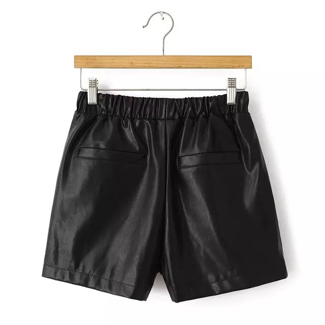 Fashion women elegant PU leather black shorts elastic waist pockets causal Slim brand shorts