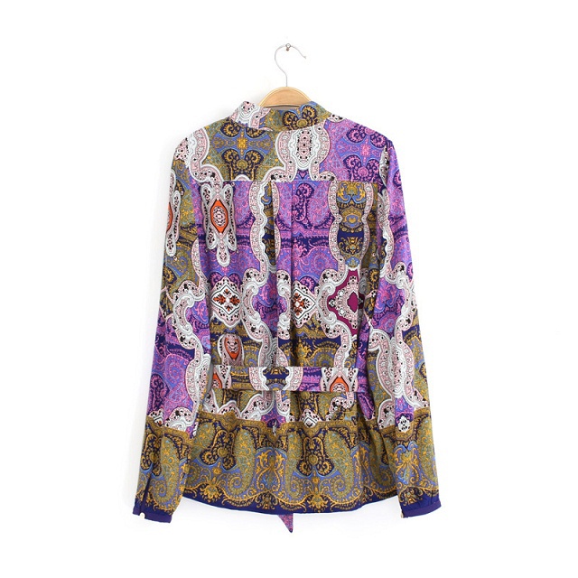 Fashion women Elegant purple totem print office vintage stylish V neck long sleeve shirts casual silm brand tops