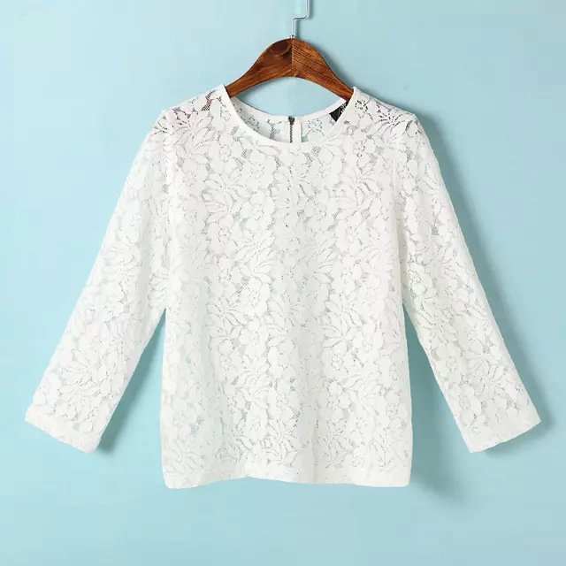 Fashion Women elegant see through floral lace white blouses vintage O neck three quarter sleeve shirts casual slim tops