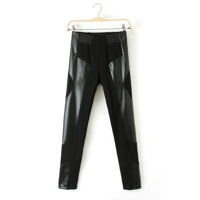 Fashion women elegant sexy faux leather spliced Skinny pant cozy trouses elastic waist casual slim brand pencil pant