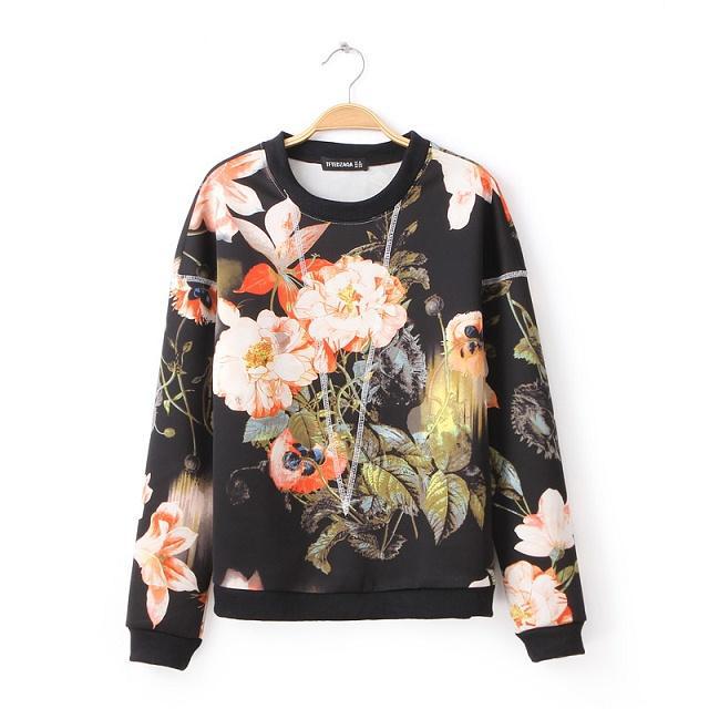 Fashion women elegant vintage floral pattern sports pullover blouses Casual slim O neck shirts brand design Tops