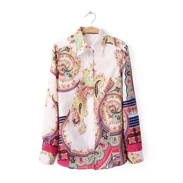 Fashion women Elegant vintage Paisley pattern blouses long sleeve shirts casual slim brand designer tops