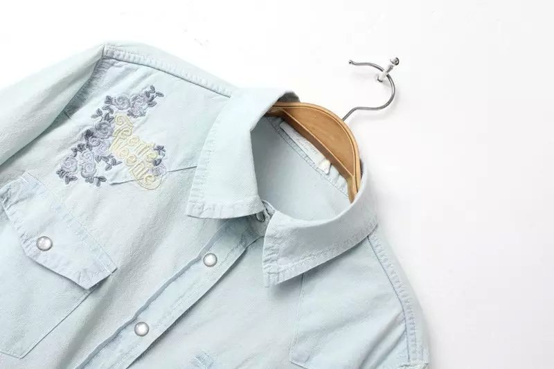 Fashion Women floral bear Embroidery Denim blue Blouse Vintage Turn-down collar long sleeve pocket shirts Casual Brand Tops