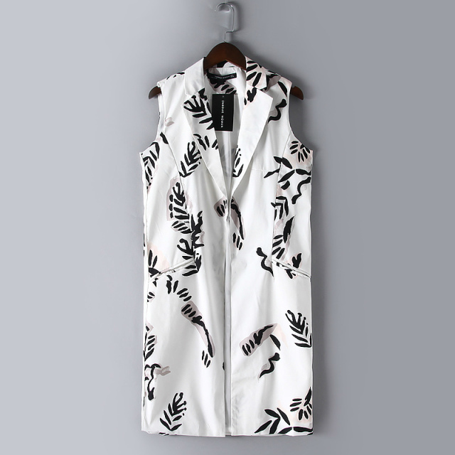 Fashion Women Office Elegant Floral Print Long Vests Sleeveless Outerwear Pocket Casual brand Tops