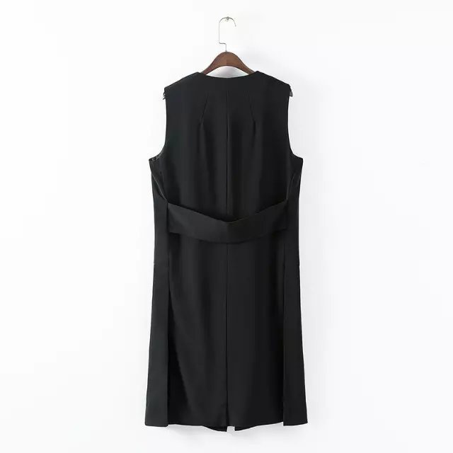Fashion Women Office Elegant Long Cardigan Sleeveless Outerwear Pocket black Side Open Vests Casual brand Tops
