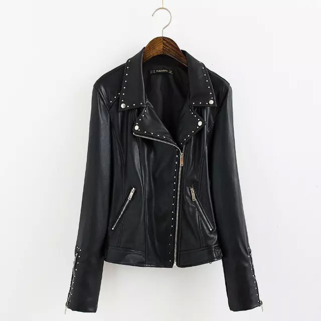 Fashion Women Rock style Cool black Rivet zipper faux leather jacket coat vintage casual brand jaqueta feminina casacos