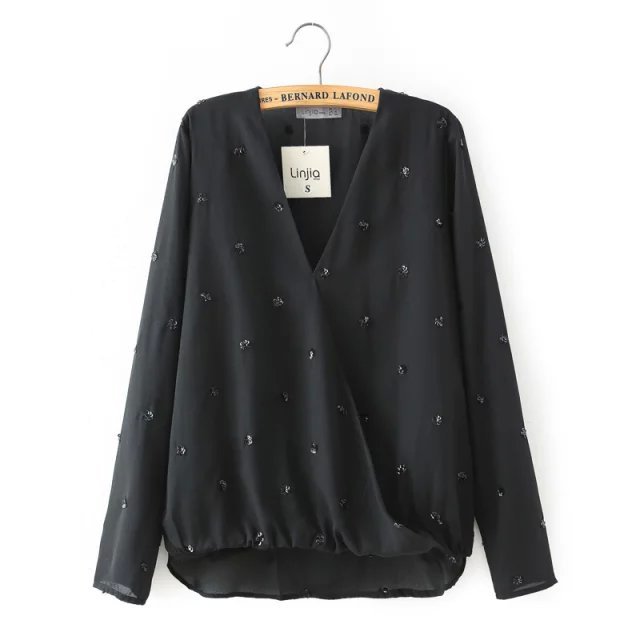 Fashion women Sequin Cross V neck blouses shirts Long Sleeve office lady sexy black casual Brand tops