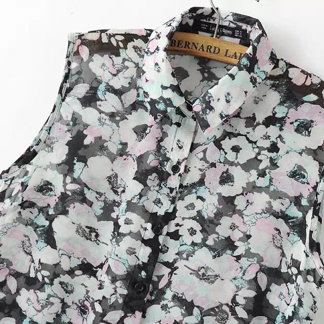 Fashion women sweet rose floral print chiffon work blouse shirt vintage sleeveless blusa feminina