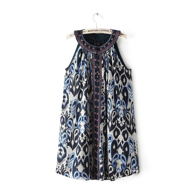 Fashion women vintage embroidery geometric print blue Dress O neck sleeveless causal slim evening party dress